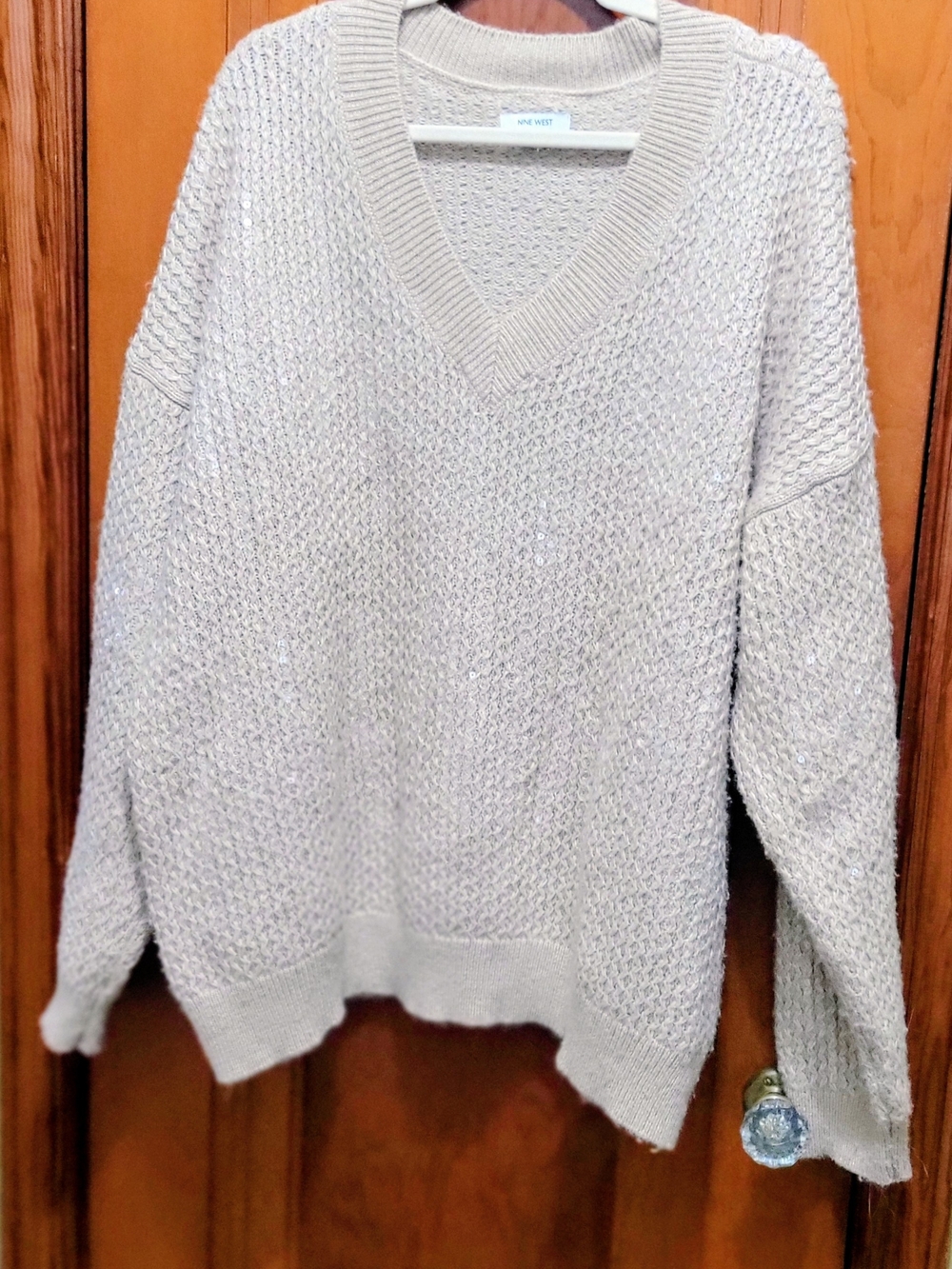Nine West Neutral Cream V-Neck Textured Knit Sweater